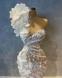Luxuriöses One-Shoulder-Meerjungfrau-Hochzeitskleid mit abnehmbarer Schleppe, mit Pailletten besetzte Brautkleider mit Blumenapplikationen Robe de Mariee190S