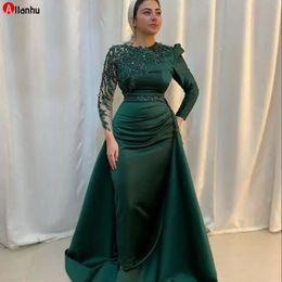 2022 Hunter Green Muslim Evening Dresses with Detachabel Train Real Picture Long Sleeve Aso Ebi African Beaded Stain Kaftan Prom Gowns WJY591