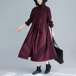 Johnature Corduroy Vintage Dresses For Women Button Solid Color Patchwork Casual Long Sleeve Women Loose Dresses 210521