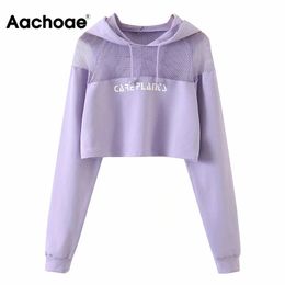 Aachoae Women Fashion Mesh Patchwork Cropped Hoodies Long Sleeve Sport Purple Hooded Sweatshirt Letter Print Casual Pullover Top 210413