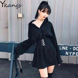 Autumn Harajuku Buckle Corset Waist Cotton Dresses Women Black Gothic Single-breasted short Dress Female Hip Hop Streetwear 210412