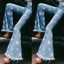 Woman Fashion Skinny Star Shape Printed with Tassel Stretchy Denim Jeans Sexy High Street Bell Bottoms Vintage Flare Pants 211129