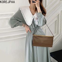 Korejpaa Women Dress Summer Korean Chic Ladies Elegant Temperament Gentle Doll Collar Stitching Lace-Up Slimming Vestidos 210526