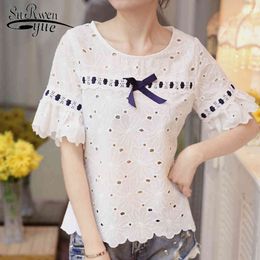 fashion short sleeve lace blouse women shirt hollow chiffon summer tops white clothing blusas 0124 30 210427
