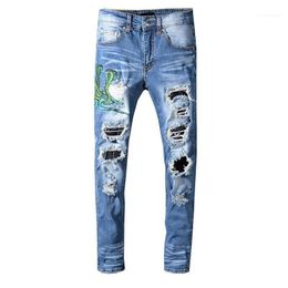 Style Men Embroidery Distressed Patches Pants Hip Hop Skinny Blue Denim Jeans Hole Slim Trousers1