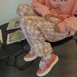 Plaid Pants Women Autumn Fashion Pink High Waist Pants Casual Loose All-Match Trousers Plus Hip Hop Harem Pants Women's 211216