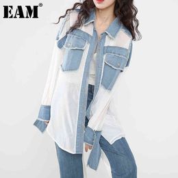 [EAM] Women Chiffon Burrs Denim Big Size Blouse Lapel Long Sleeve Loose Fit Shirt Fashion Spring Autumn 1DD127300 210512