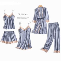 5 Pieces Pajamas Set Sexy Lace Satin Silk Sleepwear Women Summer Spring Fashion Pajamas for Women Robe Sleep Lounge Homewear Q0706