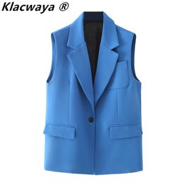 Women Fashion Simply Solid Color Sleeveless Vest Jacket Office Ladies Casual Slim Suit Pocket Outwear Tops 210521