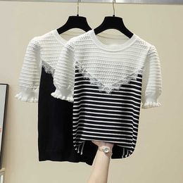 Summer Knitted Sweater Pullovers Short Sleeve Turtleneck Thin Sweater for Women Female Oversize Jumper Office Lady Clothing 210604