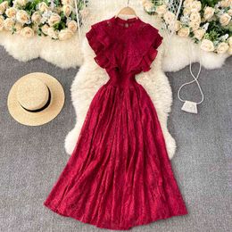 2022 Fashion Designer Women O-neck Ruffles Sleeveless Sleeve High Elastic Waist Hollow Out Lace Dress Office Lady Party Vestidos Y1212