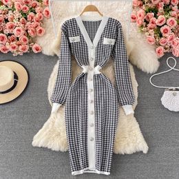 Autumn winter new design women's v-neck single breasted long sleeve houndstooth grid knitted midi long dress