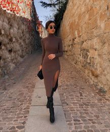 2022 Dress Women Long Sleeves High-Neck Elastic Midi Dress Fashion Elegant Chic Lady Knit Sweater Dresses Robe femme