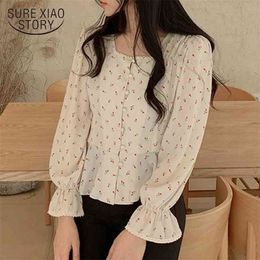 Chic Vintage Floral Sweet Square Collar High Waist Blouses Korean All Match Slim Street Wear Cute Short Shirts Women 10111 210506