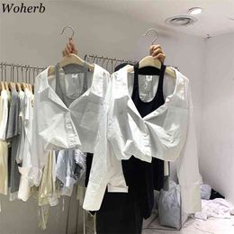 Fake Two Piece Shirts Women Korean Fashion Turn Down Collar Patchwork Off Shoulder Long Sleeve Blouse Spring Casual Tops 210519