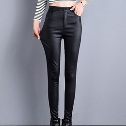 Spring Winter Leather Pants Women's Fashion Style Elastic Tight Single Breasted High Waist Plus velvet 190i6 210420