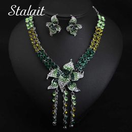 Fashion Flower Full Crystal Tassel Necklace Earrings Jewellery Sets Wedding Bridal Party Prom Female Rhinestones Accessories H1022