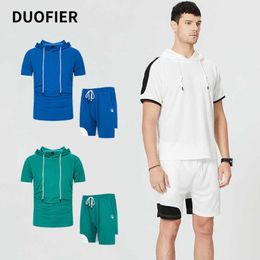 Fashion T-shirt Shorts Set Men Summer Patchwork Tracksuit Hooded T Shirts Man Casual Tee Shirt Sets Sweat Suits Sportswears 2pcs 210603