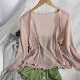 Summer wild casual knitted small cardigan for womens top jacket Korean Ruffles V-neck blouse cardigans hollow knit sweater women 210918