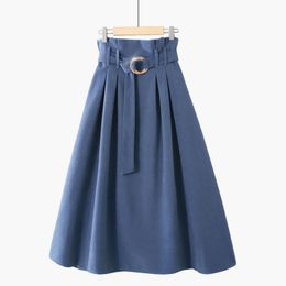 Fall Mid-Calf Casual A-line skirt velvet high waisted elastic with belt versatile show thin big woman s 210420