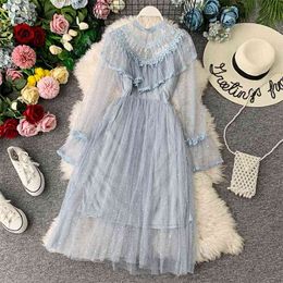 Women's Dress French Fairy Chic Ruffled Sequins Beading Mesh Empire O-Neck Flare Sleeve Mid-Calf ML856 210506