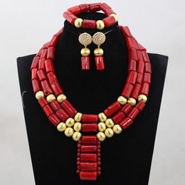 Earrings & Necklace Unique Wine Red/Orange Coral Beads Jewelry Sets African Wedding Bridal/Women Set CJ856