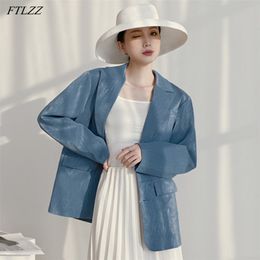 Spring Autumn Women Blue PU Leather Jacket Tailored Collar Single Breasted Pocket Loose Coat Lady 210430