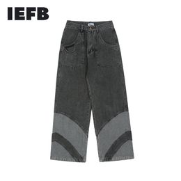 IEFB Trendy Washed Color Matching Dark Grey Jeans Men's Streetwear Trend Casual Straight Denim Pants Loose Wide Leg Pants 210524