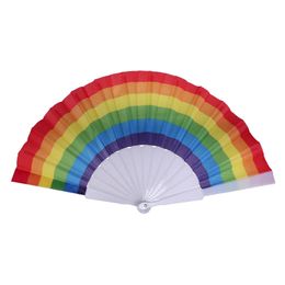 Folding Rainbow Fan Rainbow Printing Crafts Party Favour Home Festival Decoration Plastic Hand Held Dance Fans Gifts Wedding HY0366