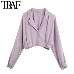 TRAF Women Fashion Button-up Cropped Blouses Vintage V Neck Long Sleeve Female Shirts Blusas Chic Tops 210415