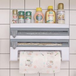 Hooks & Rails Wall-Mount Paper Towel Holder Sauce Bottle Rack 4 In 1 Cling Film Cutting Mutifunction Kitchen Shelf