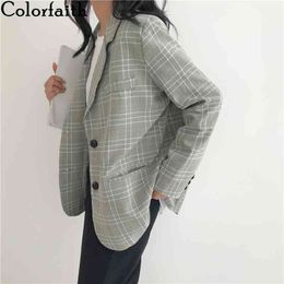 Colorfaith New Autumn Winter Women's Blazers Oversize Plaid Buttons Pockets Jackets Notched Vintage Chequered Tops JK150 210413