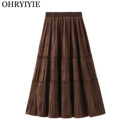 OHRYIYIE Solid Color Female Vintage Long Velvet Pleated Skirt Women Autumn Winter Elegant Fashion Ladies High Waist A line Skirt 210730