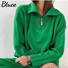 Women Green Womens Zip Sweaters Fashion Female Casual Polo Neck Solid Oversized Pullovers Jumper Knitted Winter Tops 211215