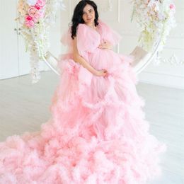 Luxurious Pink Prom Dresses Tulle Maternity Robe Deep V Neck Ruffles Women Photoshoot Evening Gowns Fluffy Nightgown Party Dress