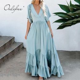 Summer Women Satin Party Maxi Ruffle Deep V Neck Belted Tunic Vintage Long Vacation Beach Dress 210415