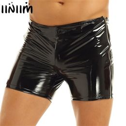 Black Men Shiny Glossy Patent Leather Boxer Short Pants Low Rise Elastic Slim Fit Side Zipper Shorts Sexy Party Club Costume 210806