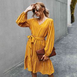 Autumn Winter Dresses Women Elegant V-neck Casual A-Line Midi Dress Vintage Red Yellow Striped Sashes Lace-up Veatidos 210521