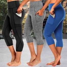 Women Pants Casual Gym Fitness Sports Cropped Leggings Pocket Slim Fit Female Solid Color Running Tight Trousers 210522