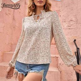 Tie Neck Long Sleeve Women Blouses Tops Spring Summer Korean Fashion Puff Ladies Casual Print Blouse 210510