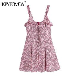 Women Chic Fashion Ruffled Floral Print Mini Dress Tied V Neck Wide Straps Female Dresses Vestidos 210420