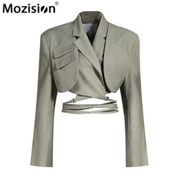 MOZISION Irregular Elegant Blazer For Women Notched Long Sleeves Lace Up Bowknot Blazers Female Spring Fashion Coat 211019