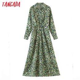 Fashion Women Green Floral Print Pleated Shirt Long Sleeve High Street Ladies Midi Dress SL514 210416