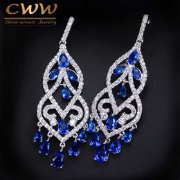 European Blue Cubic Zirconia Crystal Tassel Dangle Drop Long Chandelier Earring Wedding Prom Jewellery For Women CZ116 210714