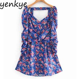 Sexy Backless Floral Print Women Front Knot V Neck Long Sleeve A-Line Mini Fashion Female Autumn Party Dress Vestido 210514
