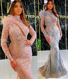 Plus Size Arabic Aso Ebi Luxurious Lace Beaded Prom Dresses High Neck Mermaid Evening Formal Party Second Reception Gowns Dress Zj294 0424