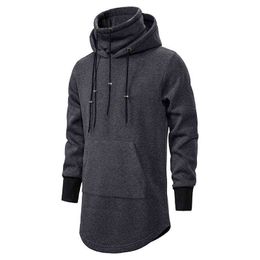 Men Slim Long section High collar Hooded Sweatshirt Man Extend Curved hem Solid black Cotton Casual Pullover Hoodies 211217