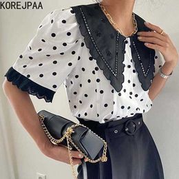 Korejpaa Women Shirts Summer Korean Chic Ladies Retro Temperament Lapel Lace Stitching Polka Dot Puff Sleeve Blouses 210526