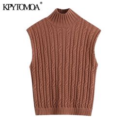 Women Fashion With Ribbed Trim Cable-knit Vest Sweater High Neck Sleeveless Female Waistcoat Chic Tops 210420