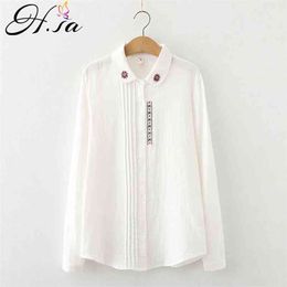 HSA Women Spring Long Sleeve White Blouse and Shirts Turn Donw Collar Floral Embroidery Sunflower Shirt Chic Tops 210430
